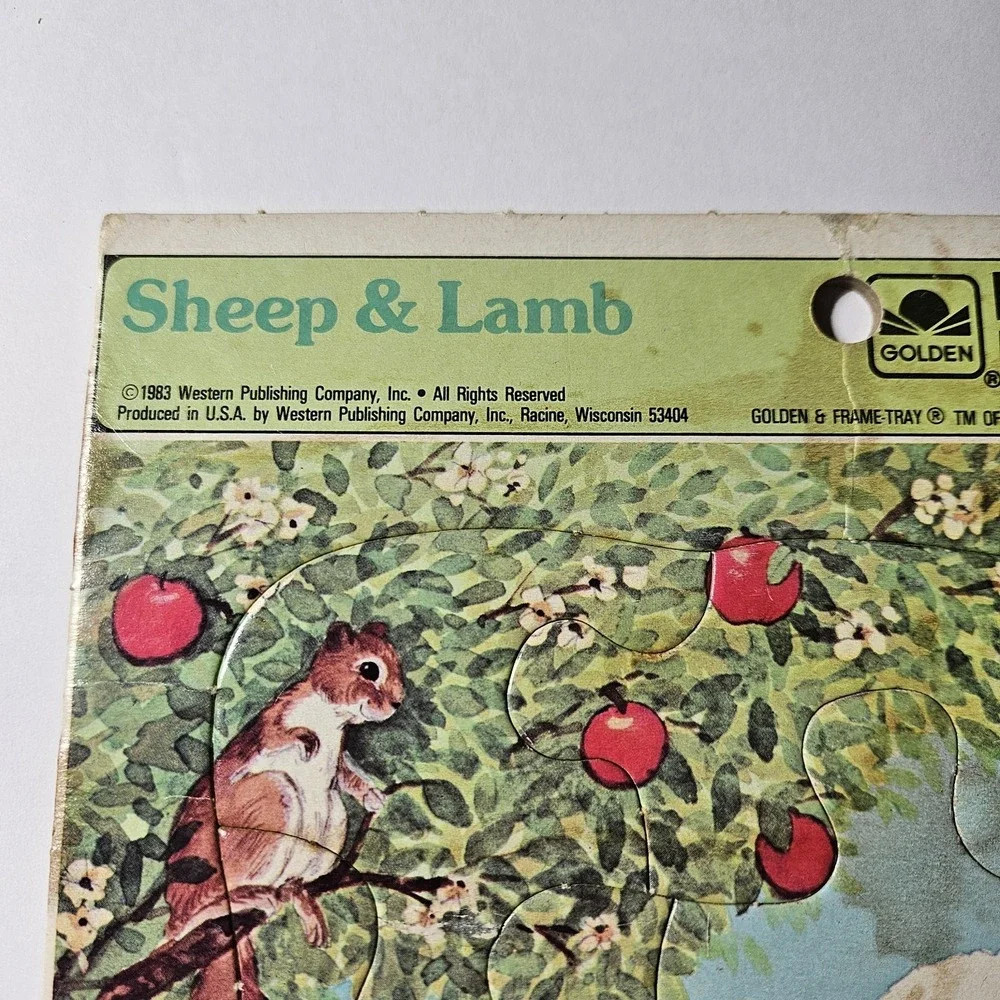 Vintage Golden Sheep & Lamb Squirrel Apples Frame Tray Puzzle 1983 Cardboard